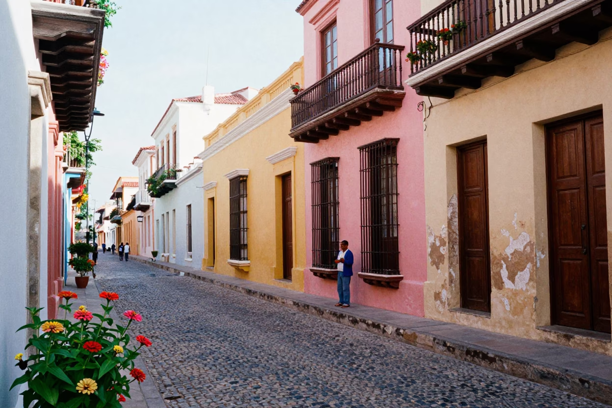 Colorful Cartagena Colombia Street Scene Late Morning with Zinnias and Prayer Beads in in Cartagena, Colombia