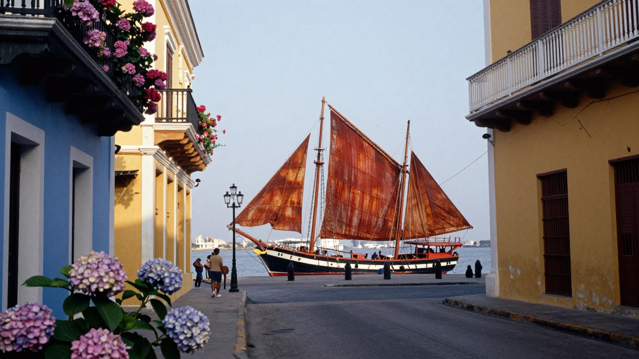 Colorful Cartagena Colombia Street Scene with Rusty Sails and Hydrangeas in in Cartagena, Colombia