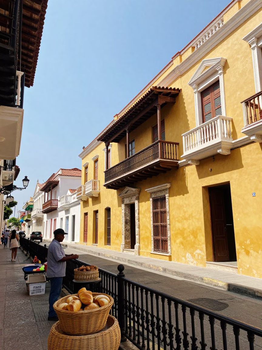 Colorful Cartagena Colombia Street Scene with Woven Bread Basket and Local Interaction in in Cartagena, Colombia