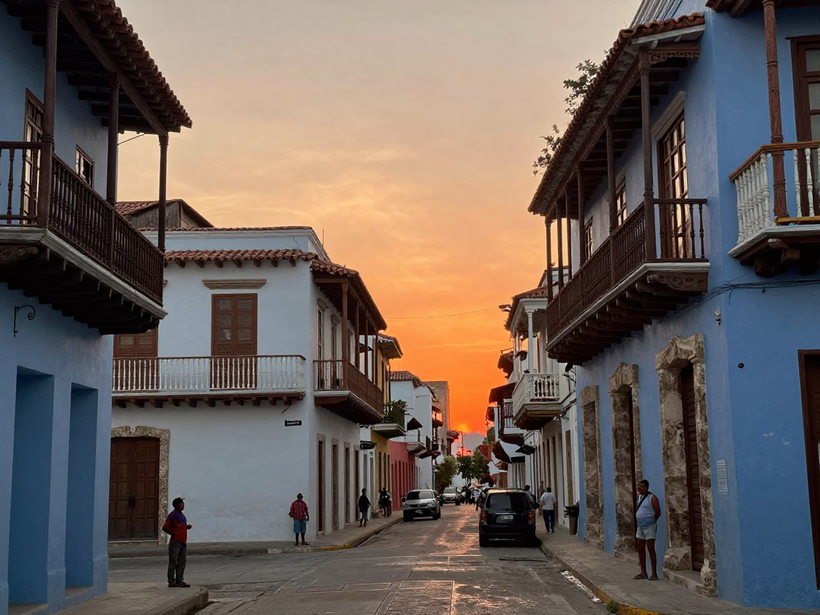 Colorful Cartagena Colombia Sunset Street Scene with Colonial Balconies and Local Life in in Cartagena, Colombia