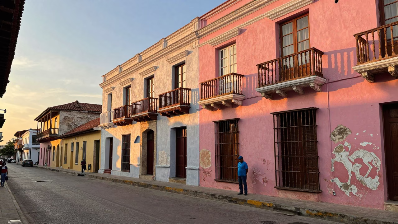 Colorful Cartagena Colombia Sunset Street Scene with Local Vendor and Books in in Cartagena, Colombia