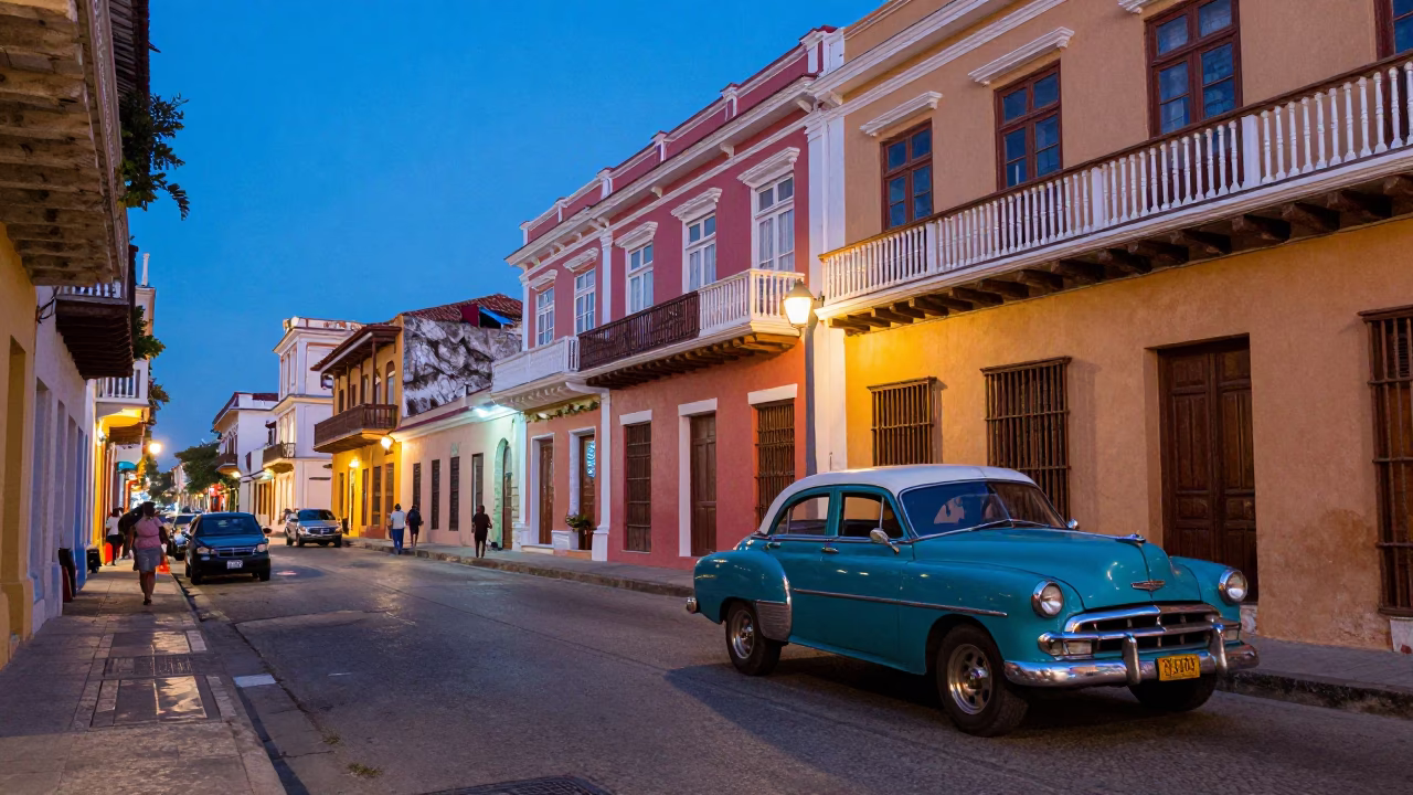 Colorful Cartagena Evening Street Scene with Vintage Car and Local Interaction in in Cartagena, Colombia