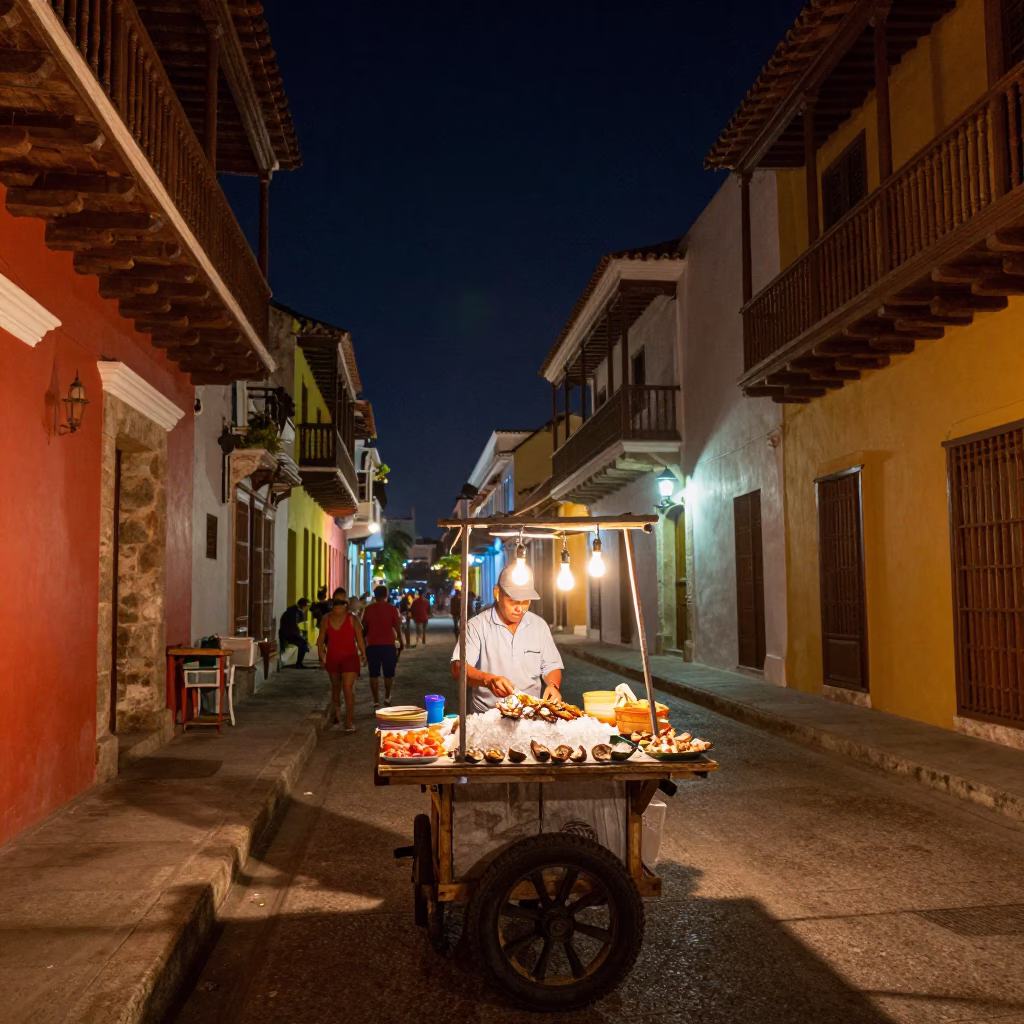 Colorful Cartagena Night Street Scene with Traditional Colonial Architecture and Local Street Food Vendor in in Cartagena, Colombia