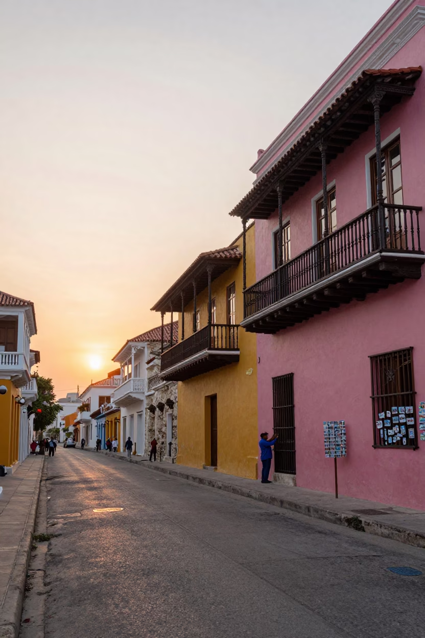 Colorful Cartagena Street Scene at Sunset with Postcards and Colonial Architecture in in Cartagena, Colombia
