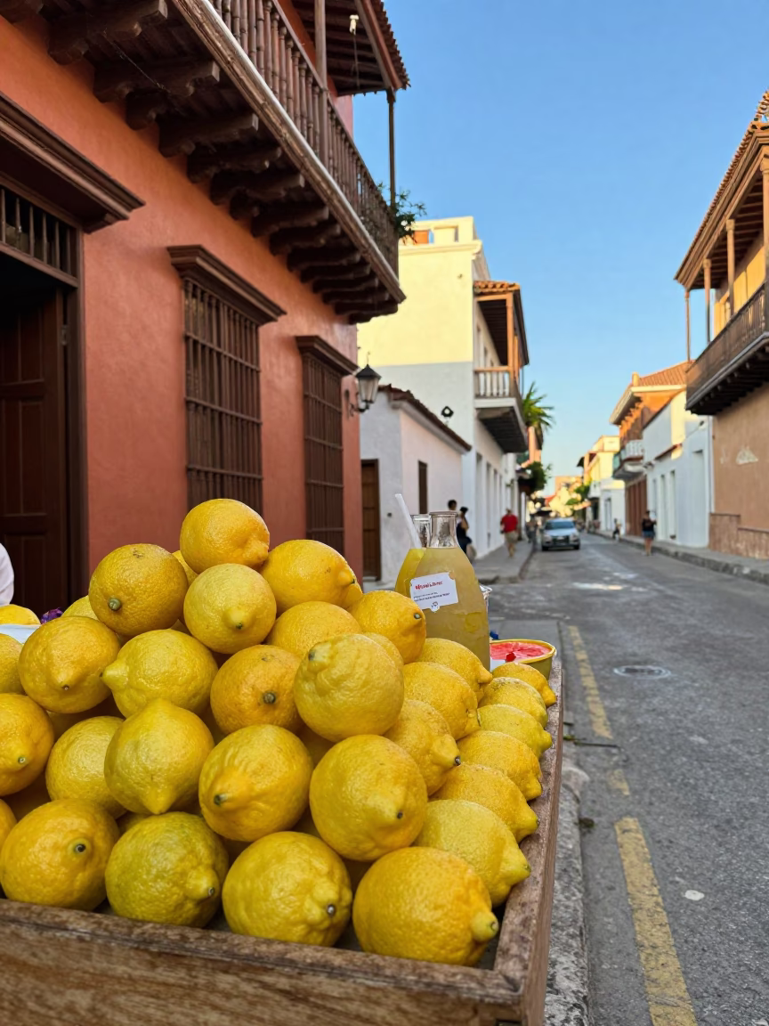 Colorful Cartagena Street Scene with Lemon Stall and Horchata Glass in Late Afternoon Light in in Cartagena, Colombia