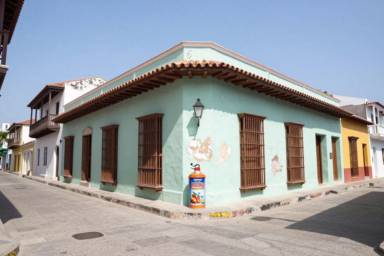 Colorful Cartagena Street Scene with Tiffin Tin and Colonial Architecture Under Noon Sun in in Cartagena, Colombia
