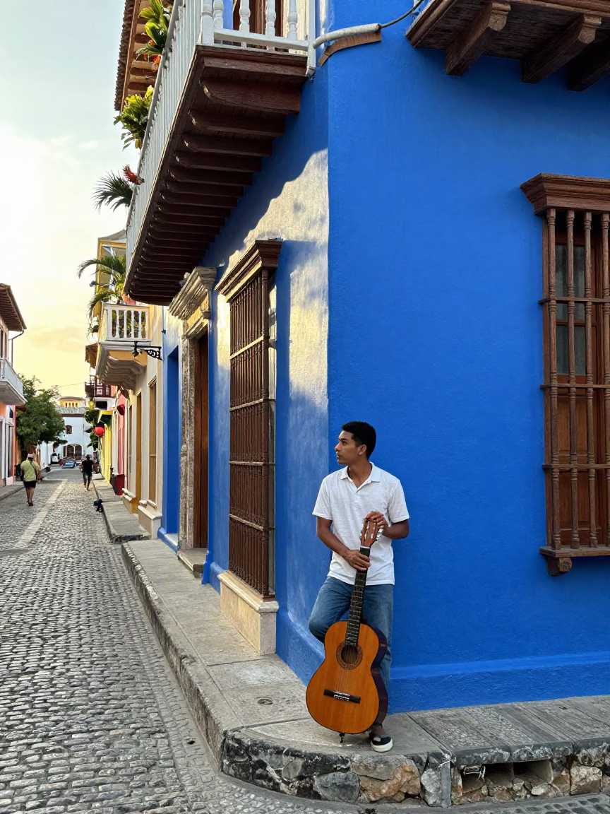 Colorful Cartagena Street Scene with Vintage Guitar and Local Commerce in in Cartagena, Colombia