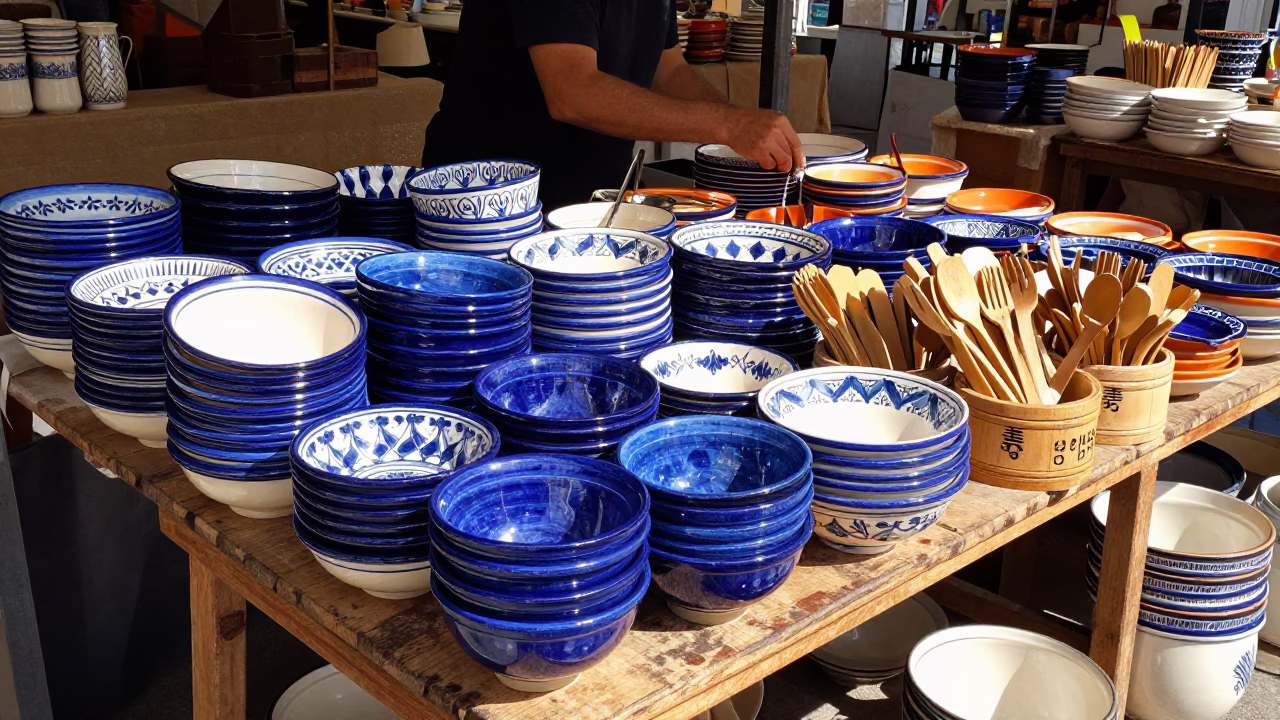 Colorful Ceramic Bowls and Utensils in Palermo Market Stall Late Morning in in Palermo, Italy