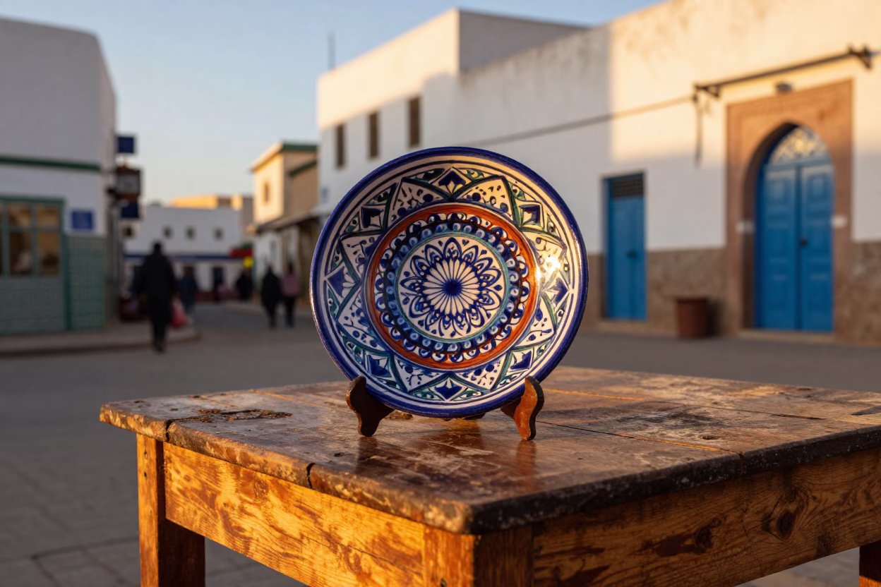 Colorful Ceramic Plate on Wooden Table in Essaouira Morocco Golden Hour Street Scene in in Essaouira, Morocco