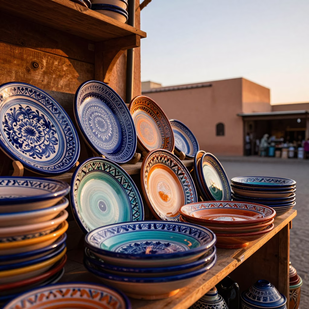 Colorful Ceramic Plates Reflecting Golden Hour Light in Marrakech Souk in in Marrakech, Morocco