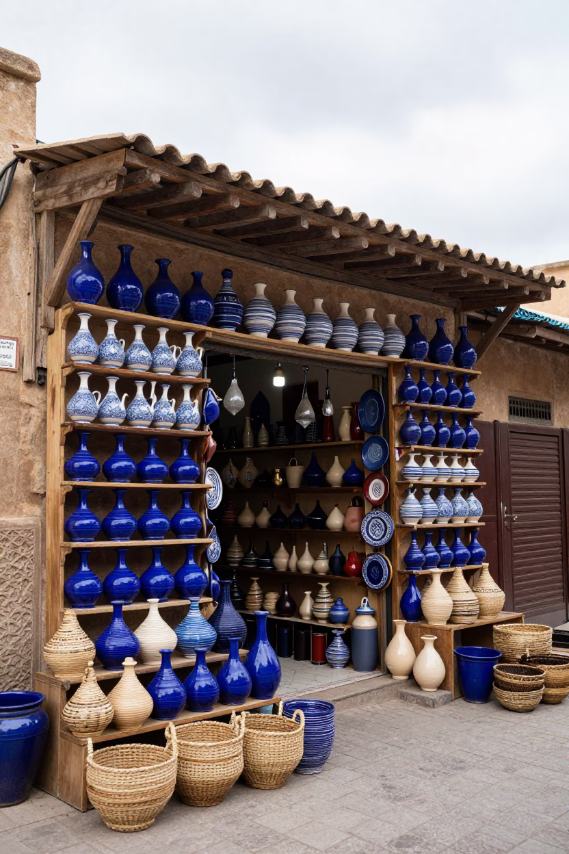 Colorful Ceramic Shop Display in Fez Medina Under Overcast Sky in in Fez, Morocco