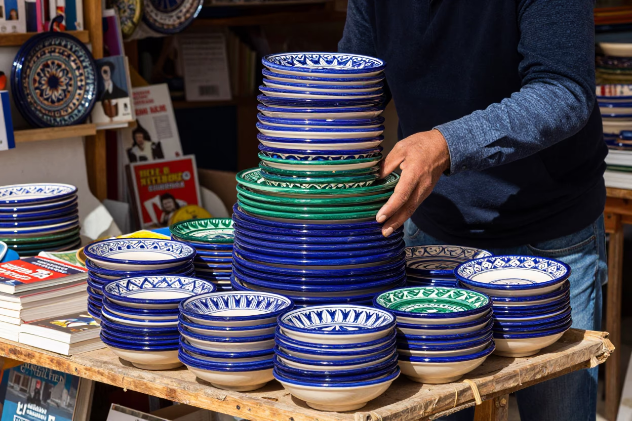 Colorful Ceramic Stacked Plates in Tunisian Market Noon Light in in Tunis, Tunisia