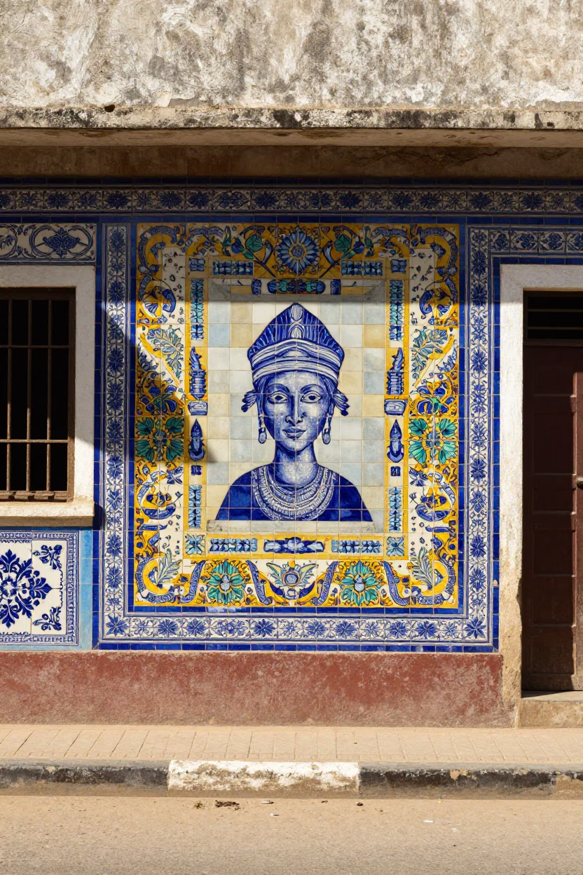 Colorful Ceramic Tile Facade and Street Scene in Dakar Senegal at Midday in in Dakar, Senegal