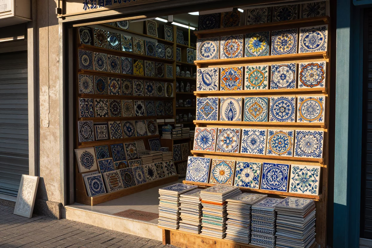 Colorful Ceramic Tile Shop Display in Late Afternoon Istanbul Turkey in in Istanbul, Turkey