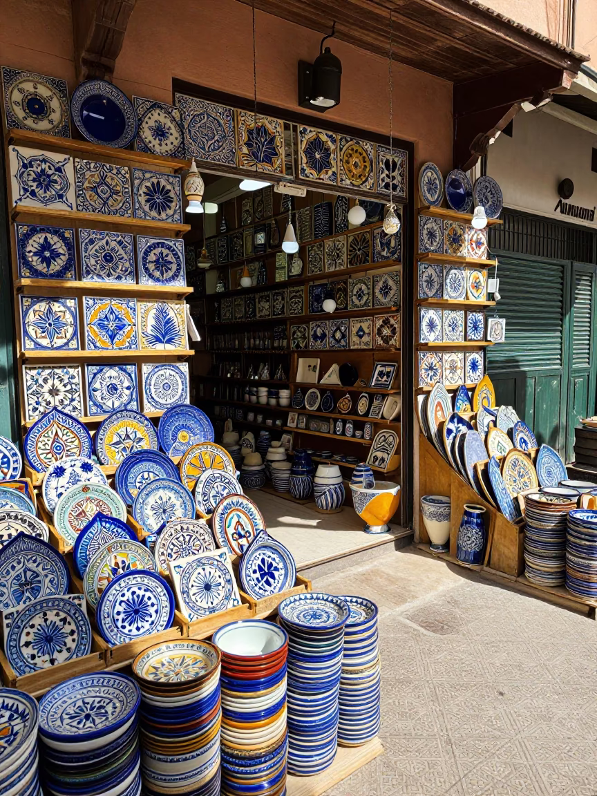 Colorful Ceramic Tile Shop Display in Marrakech Medina Under Flat Noon Sunlight in in Marrakech, Morocco