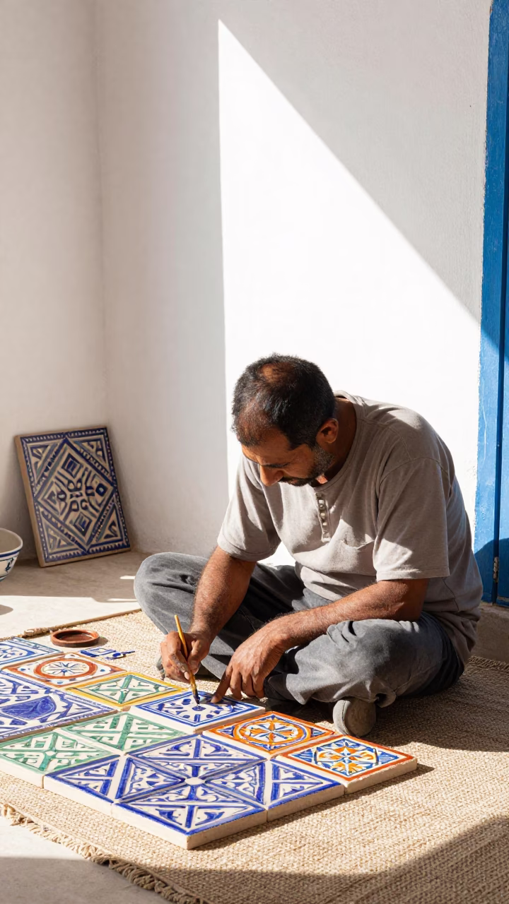 Colorful Ceramic Tile Workshop in Essaouira Morocco Midday Sunlight in in Essaouira, Morocco