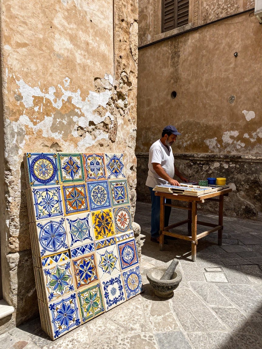 Colorful ceramic tiles and mortar pestle in Palermo noon light in in Palermo, Italy