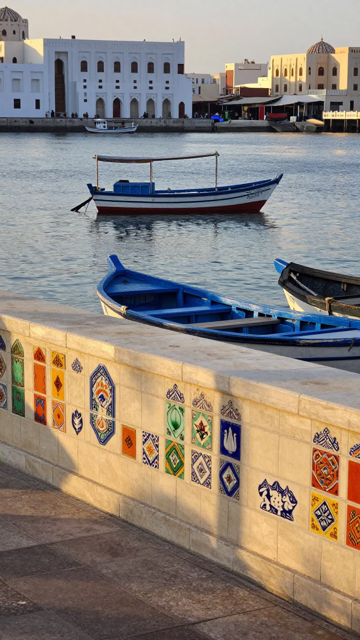 Colorful Ceramic Tiles and Traditional Dhow Boat in Muscat Oman Harbor at Sunrise in in Muscat, Oman
