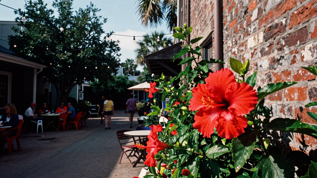 Colorful Charleston Courtyard with Hibiscus and String Lights in Early Afternoon Sunlight in in Charleston, South Carolina, United States