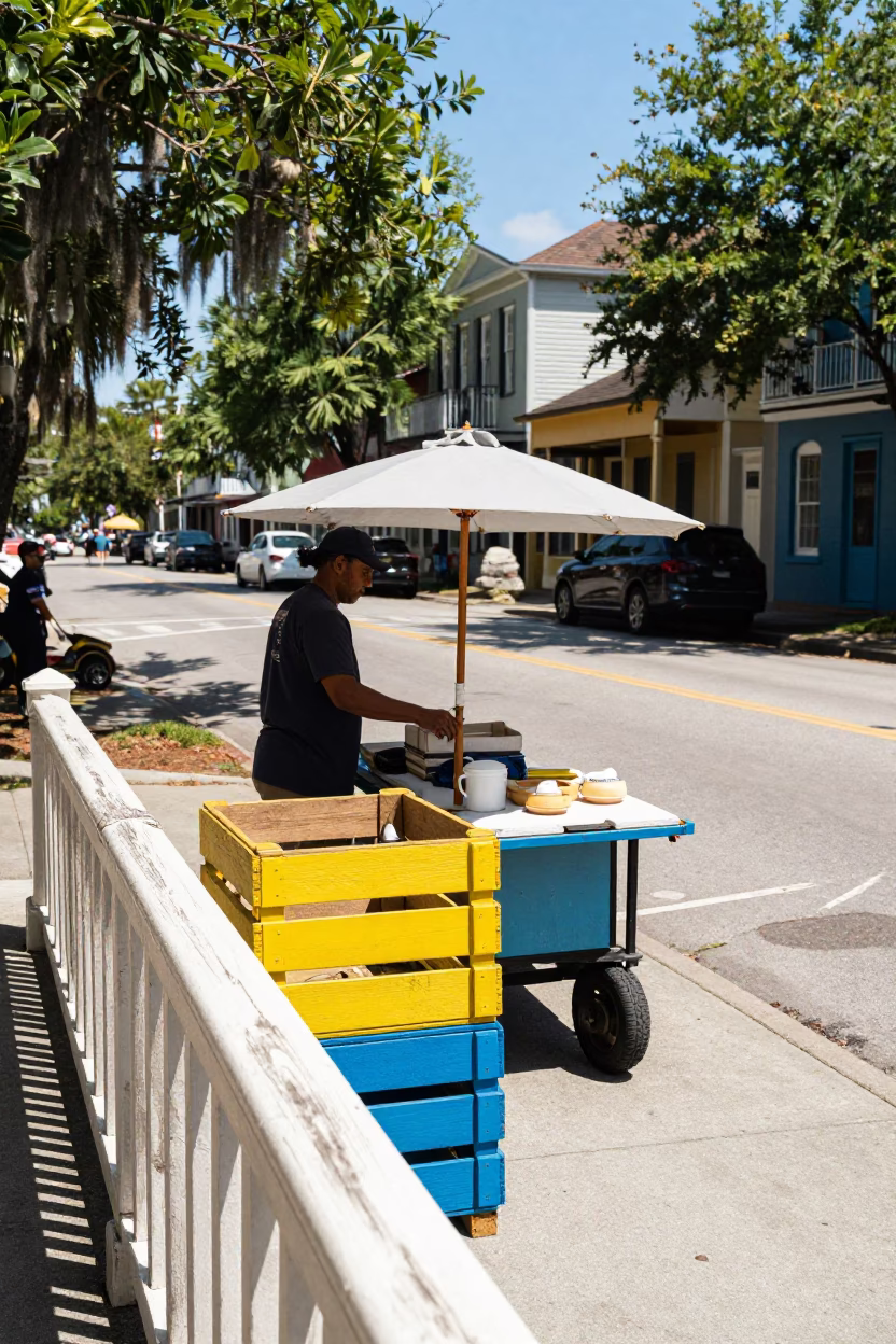 Colorful Charleston Street Scene Under Flat Noon Glare with Vintage 1970s Charm in in Charleston, South Carolina, United States