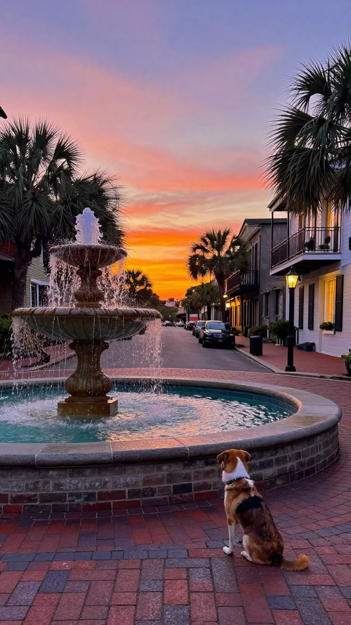 Colorful Charleston Sunset Street Scene with Fountain and Small Dog in in Charleston, South Carolina, United States