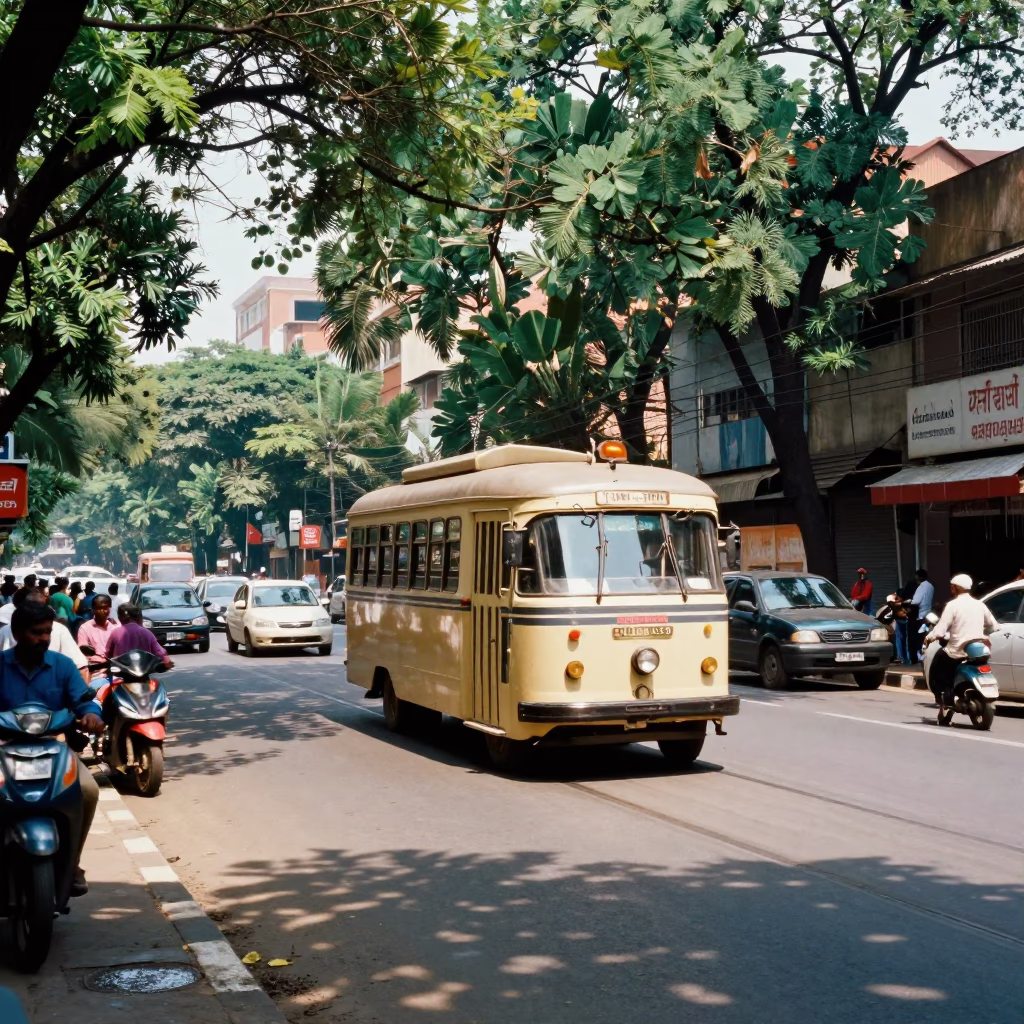 Colorful Chennai Street Scene Under Flat Noon Glare With Old Trolley And Local Life in in Chennai, India