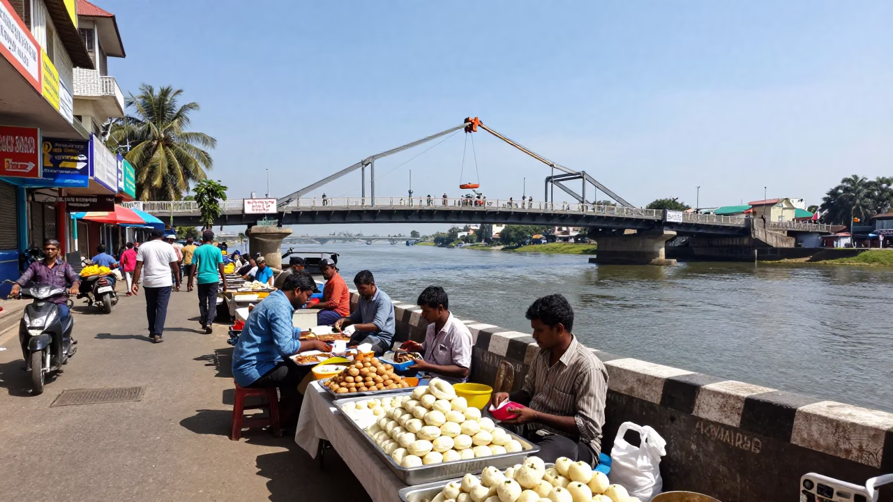 Colorful Chennai Street Scene with Ras Malai and Bridge Maintenance Cradle at Midday in in Chennai, India