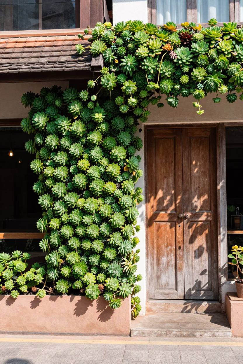Colorful Chiang Mai Cafe Exterior Living Wall Succulents Midmorning Street Scene in in Chiang Mai, Thailand