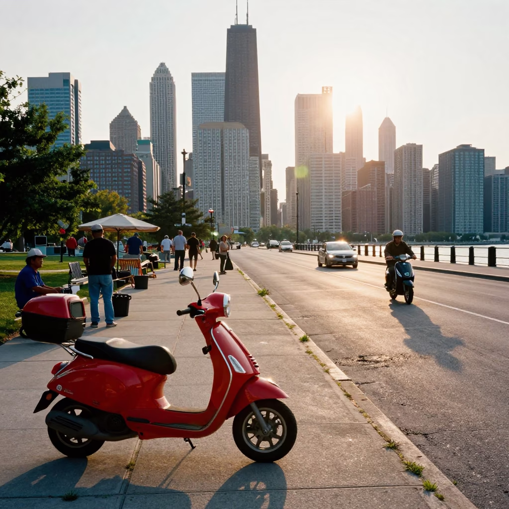 Colorful Chicago Street Scene After Sunrise with Scooter and Local Life in in Chicago, Illinois, United States