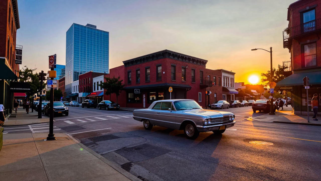 Colorful Chicago Street Scene at Sunset with Vintage Cars and Pedestrians in in Chicago, Illinois, United States
