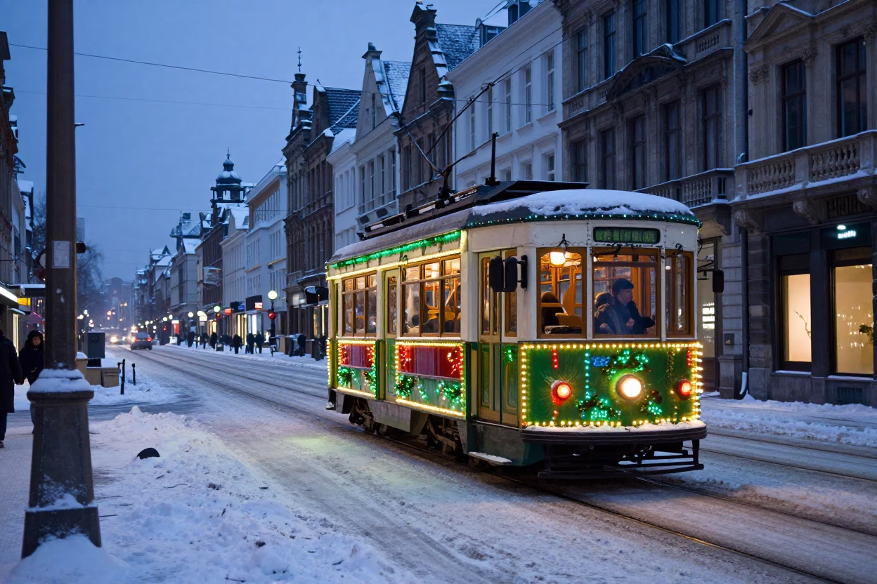 Colorful Christmas Tramcar in Brussels Belgium Indigo Twilight Snowy Avenue in in Brussels, Belgium