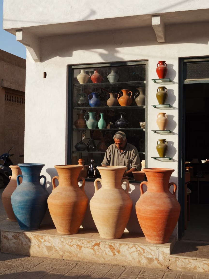 Colorful Clay Pots and Glass Shop Front in Late Afternoon Luxor Egypt Street Scene in in Luxor, Egypt