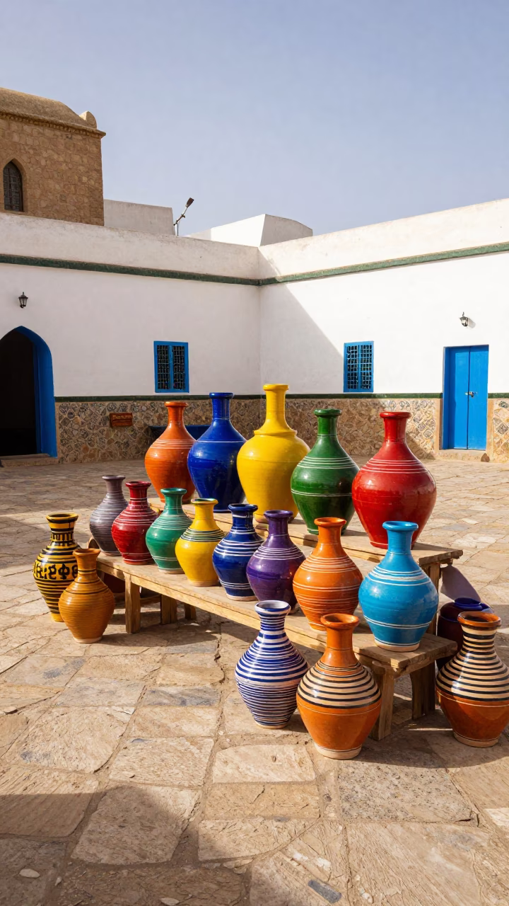 Colorful Clay Pots Displayed on Traditional Moroccan Terrace in Essaouira During Early Afternoon in in Essaouira, Morocco