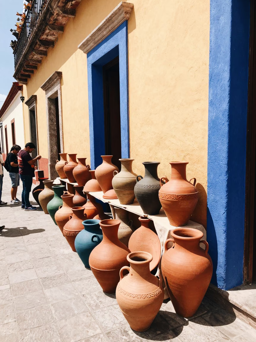 Colorful Clay Pots Displayed Outside Colonial Building in Oaxaca Mexico in in Oaxaca, Mexico