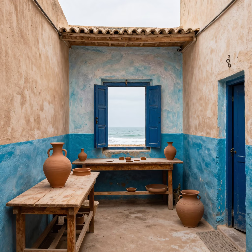 Colorful Coastal Workshop Interior in Essaouira Morocco Overcast Midday in in Essaouira, Morocco