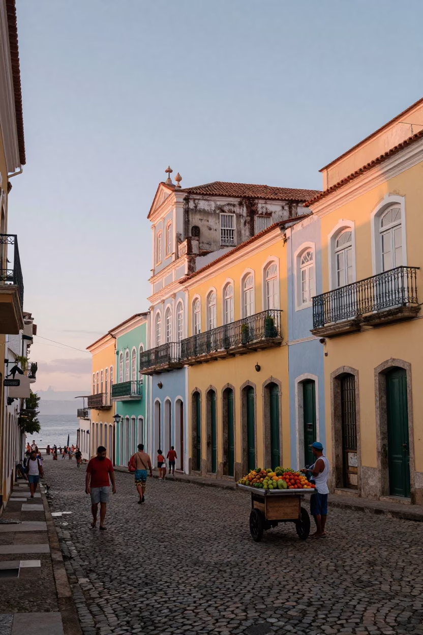 Colorful Colonial Architecture in Salvador Brazil at Nautical Dawn with Street Vendor in in Salvador, Brazil