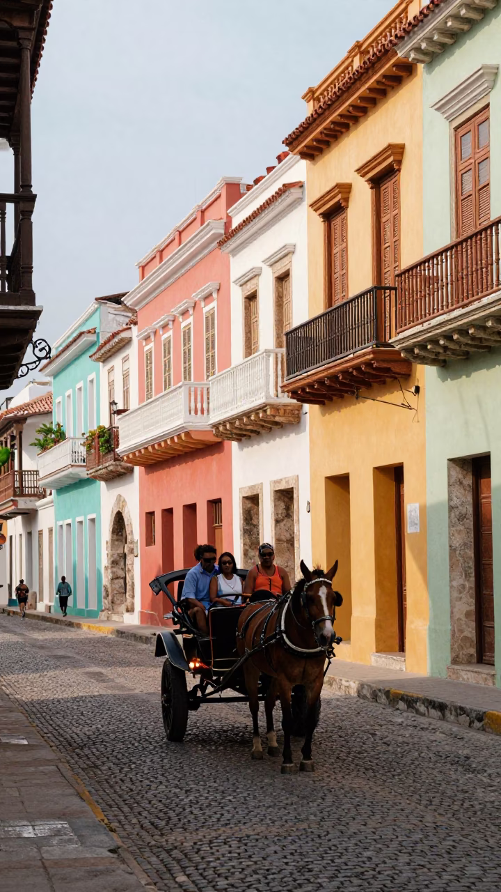 Colorful Colonial Balconies and Cobblestone Street Scene in Late Morning Cartagena Colombia in in Cartagena, Colombia