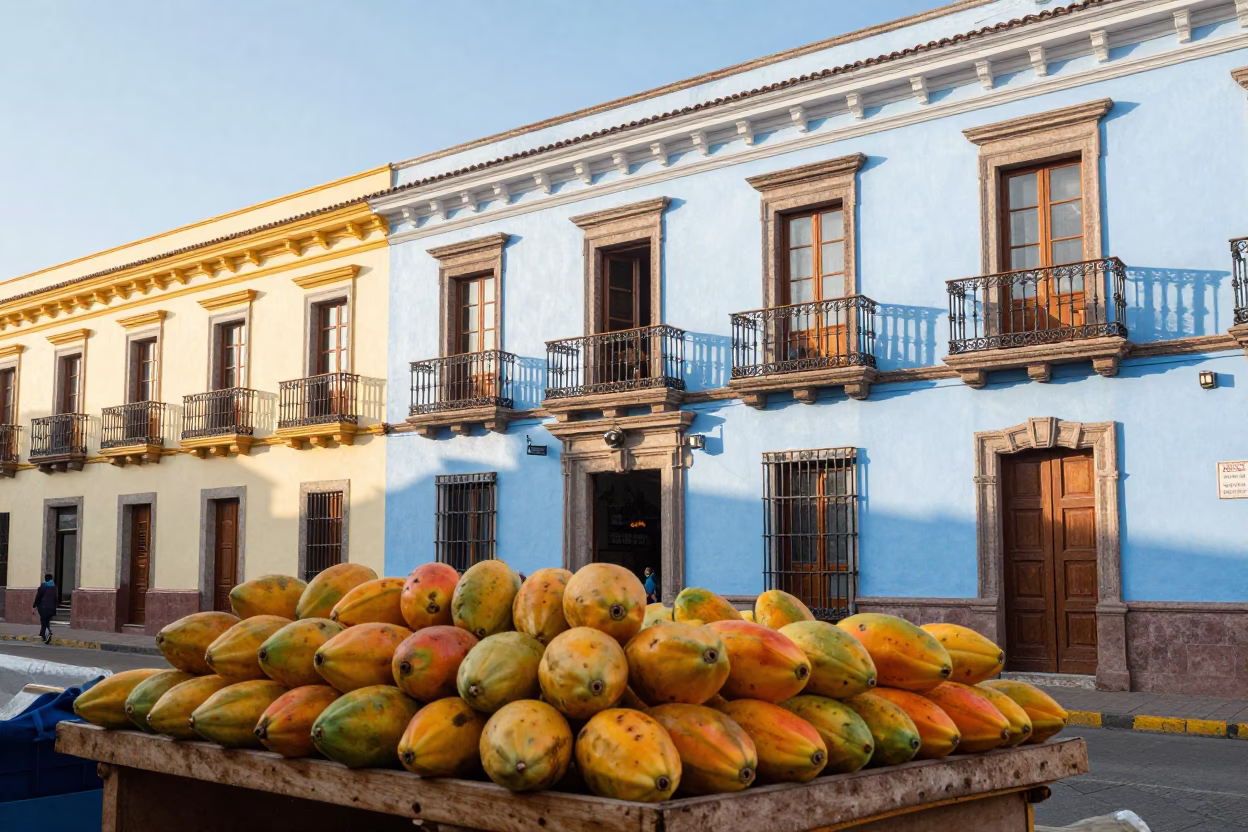Colorful Colonial Balconies and Papaya Market Stall in Quito Ecuador Late Morning Light in in Quito, Ecuador