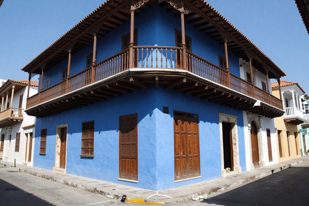 Colorful Colonial Balconies and Wicker Shadows in Cartagena Colombia Midday Street Scene in in Cartagena, Colombia