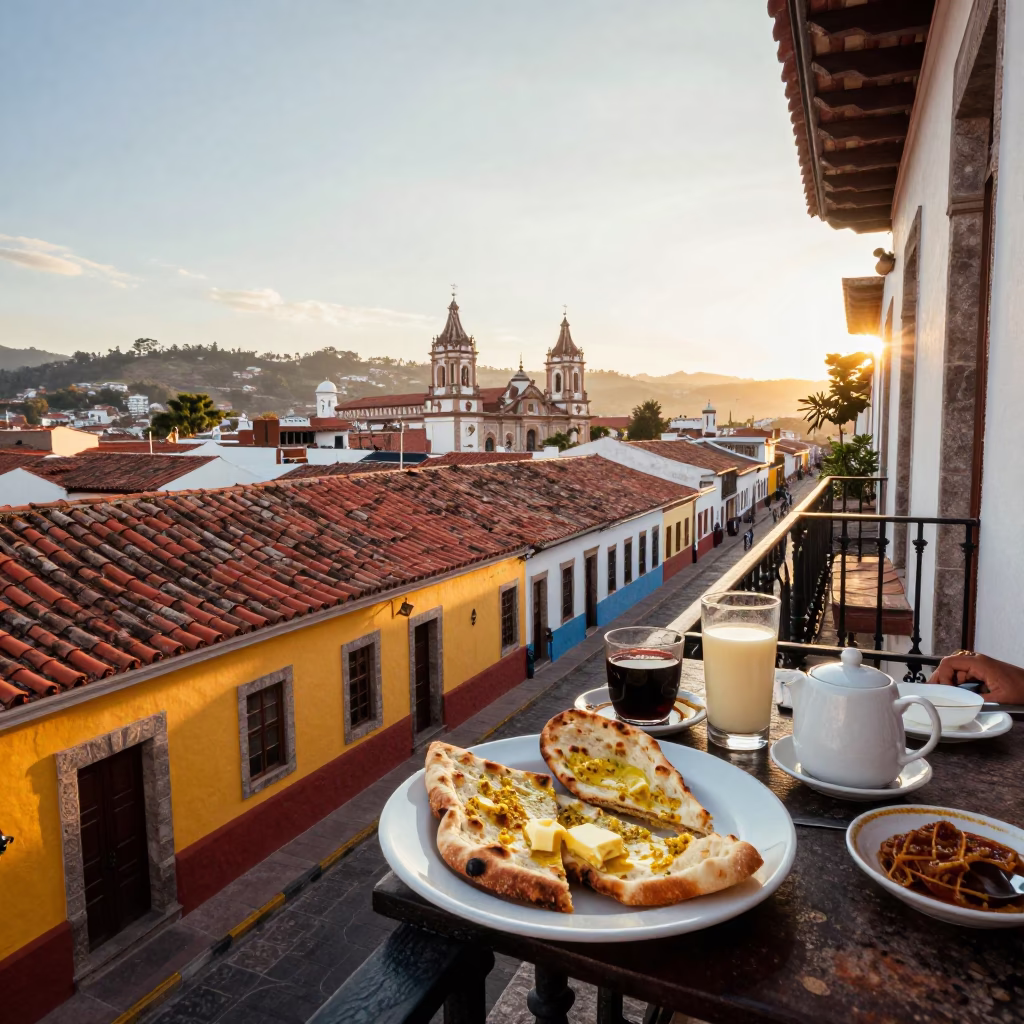 Colorful Colonial Balcony Breakfast in Quito Ecuador Morning Light in in Quito, Ecuador
