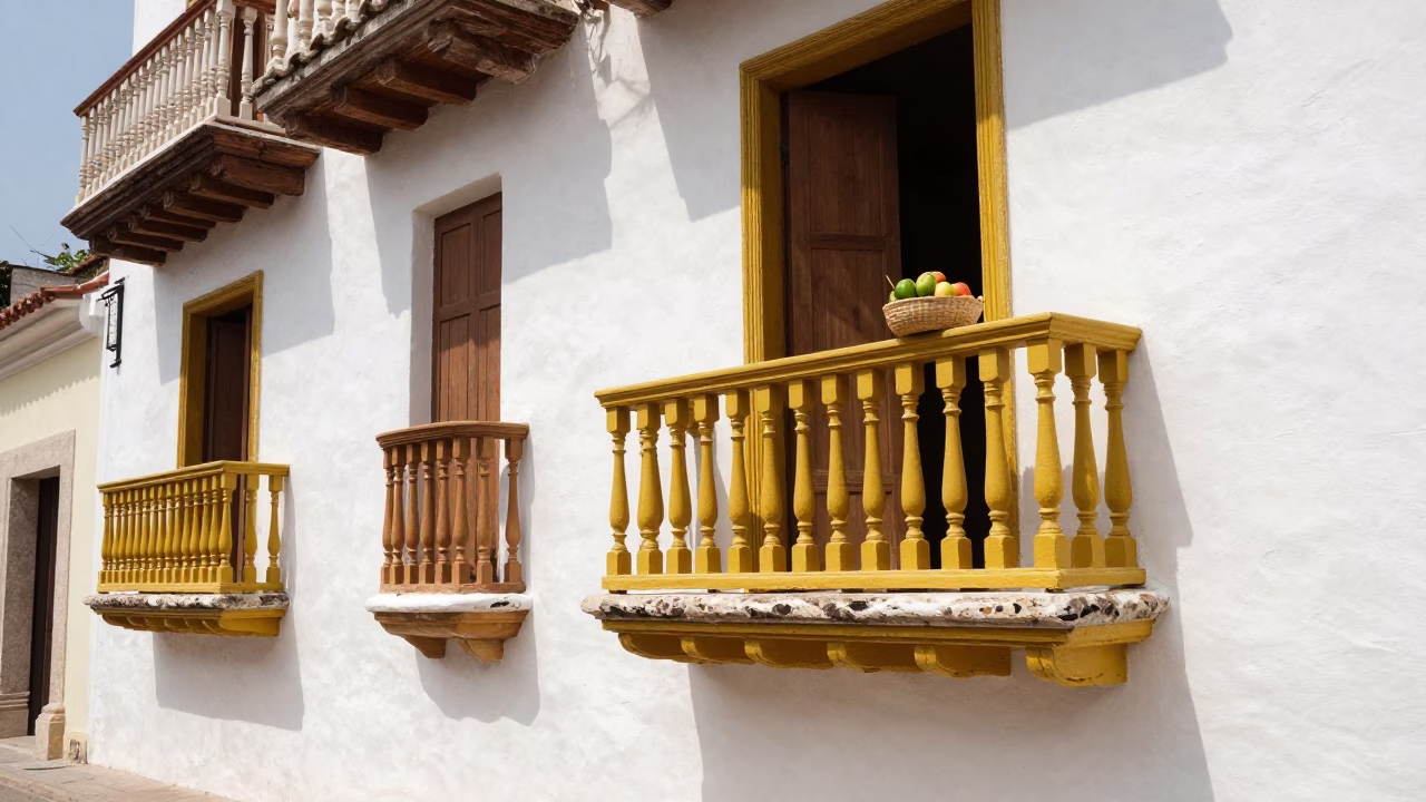Colorful Colonial Balcony in Cartagena Colombia Midday Street Scene with Fruit Bowl in in Cartagena, Colombia