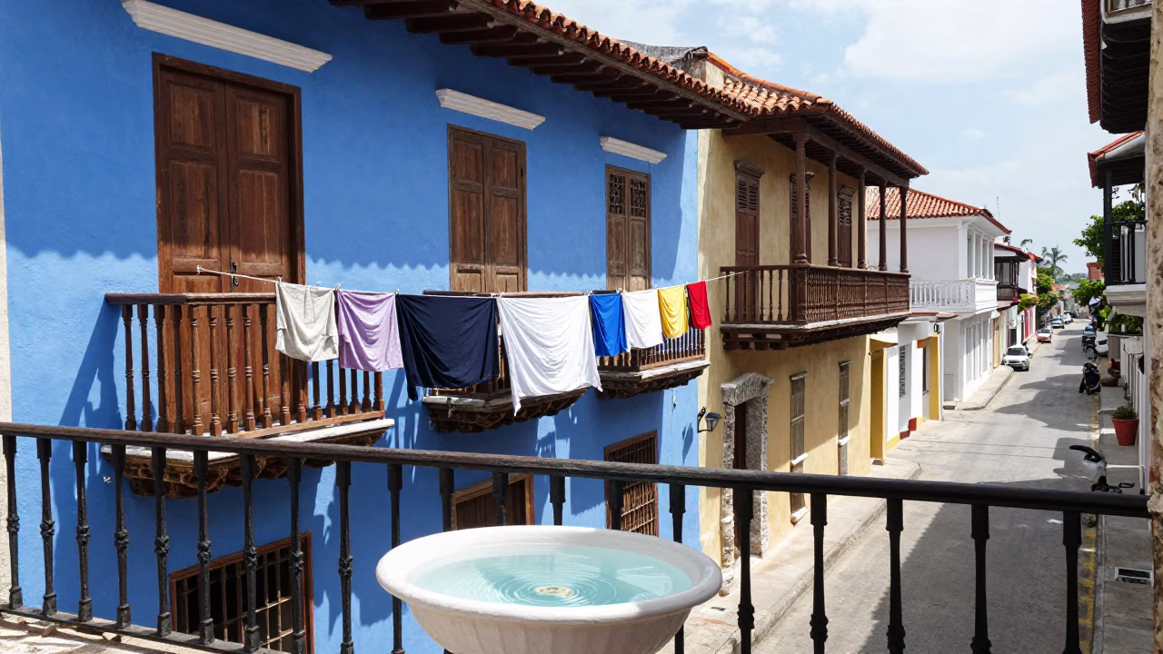 Colorful Colonial Balcony in Cartagena Colombia with Hanging Laundry and Street View in in Cartagena, Colombia