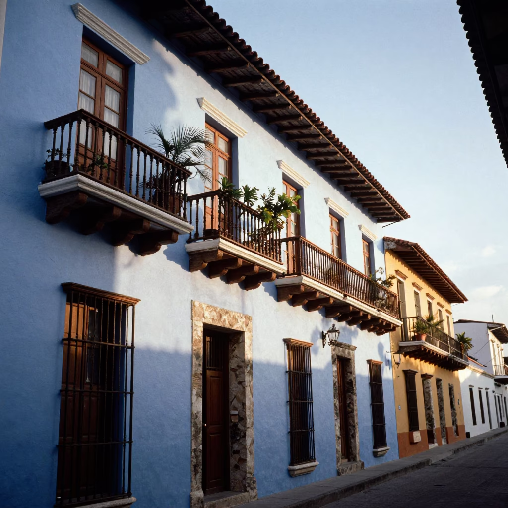Colorful Colonial Balcony in Cartagena Late Afternoon with Local Street Life in in Cartagena, Colombia