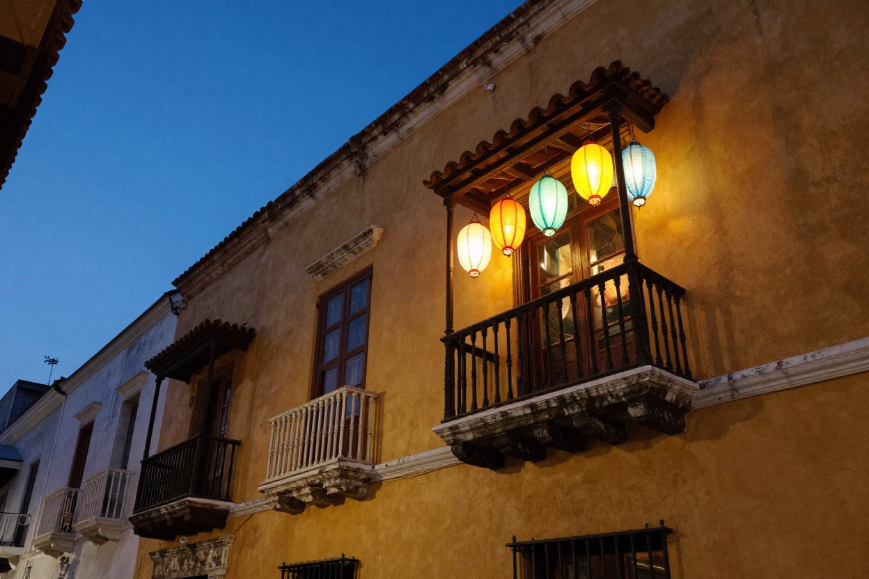 Colorful Colonial Balcony Lanterns Blue Hour Cartagena Colombia Evening in in Cartagena, Colombia