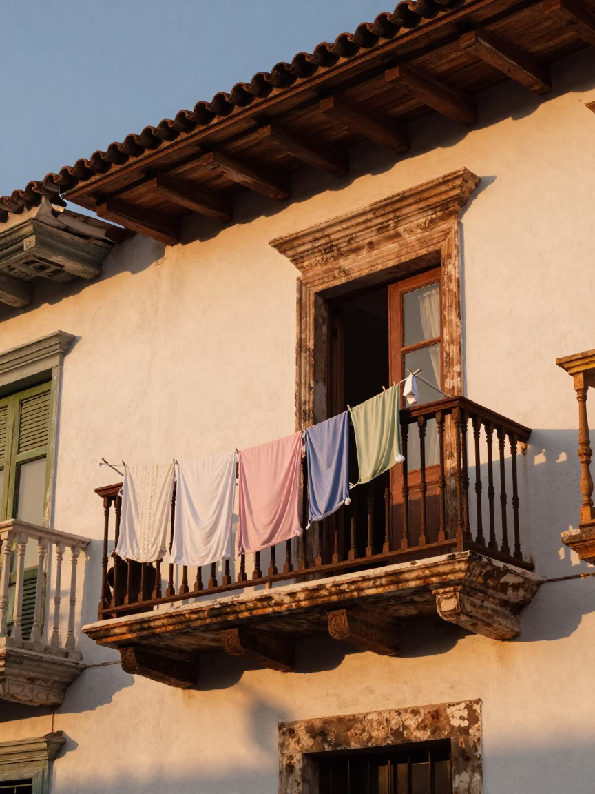 Colorful Colonial Balcony Laundry Drying in Cartagena Colombia Copper Dusk Light in in Cartagena, Colombia