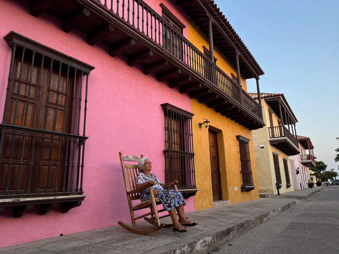 Colorful Colonial Balcony Scene in Cartagena Colombia at Early Evening in in Cartagena, Colombia