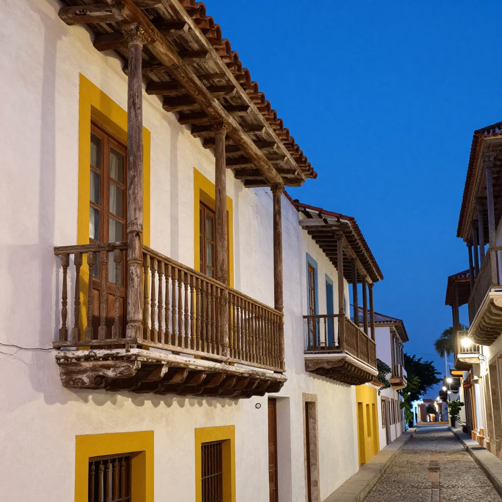 Colorful Colonial Balcony Scene in Cartagena Colombia During Blue Hour Evening Light in in Cartagena, Colombia