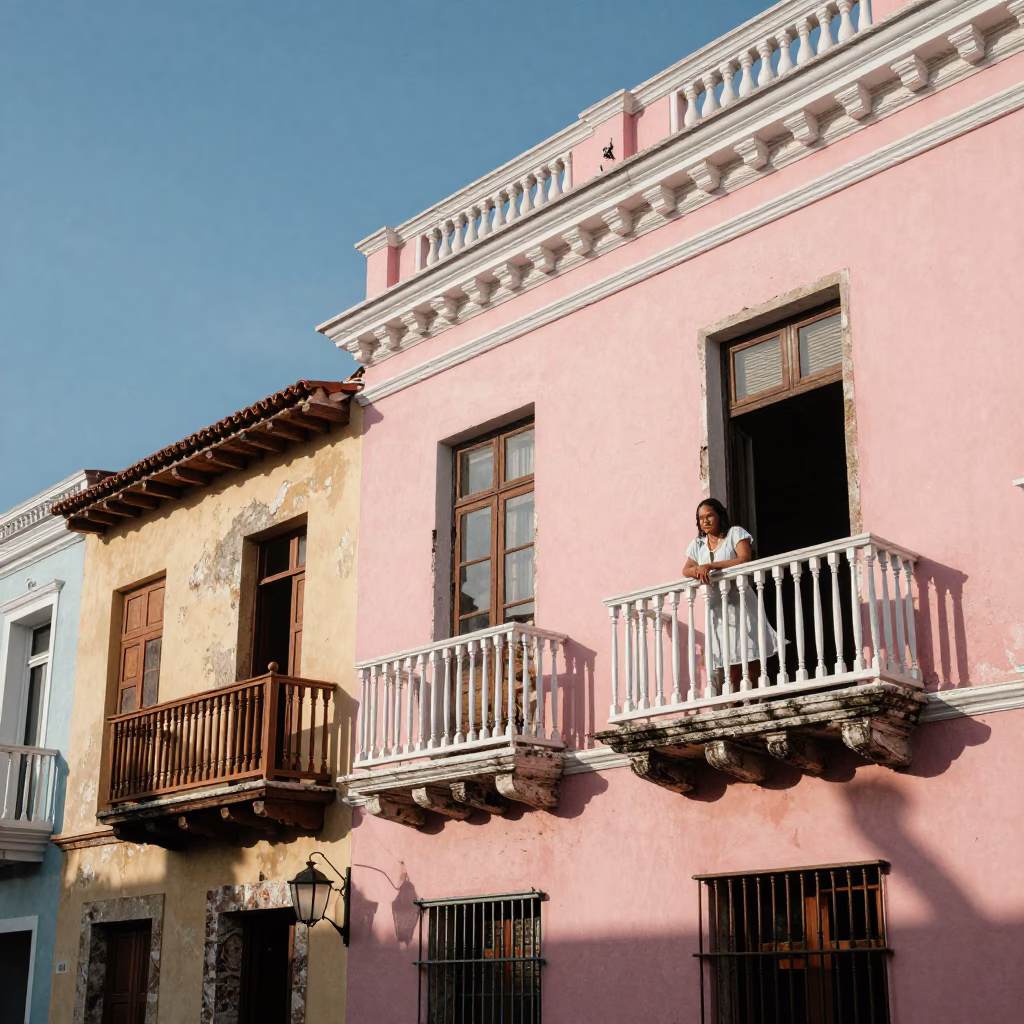 Colorful Colonial Balcony Scene in Cartagena Colombia Early Afternoon Street Life in in Cartagena, Colombia