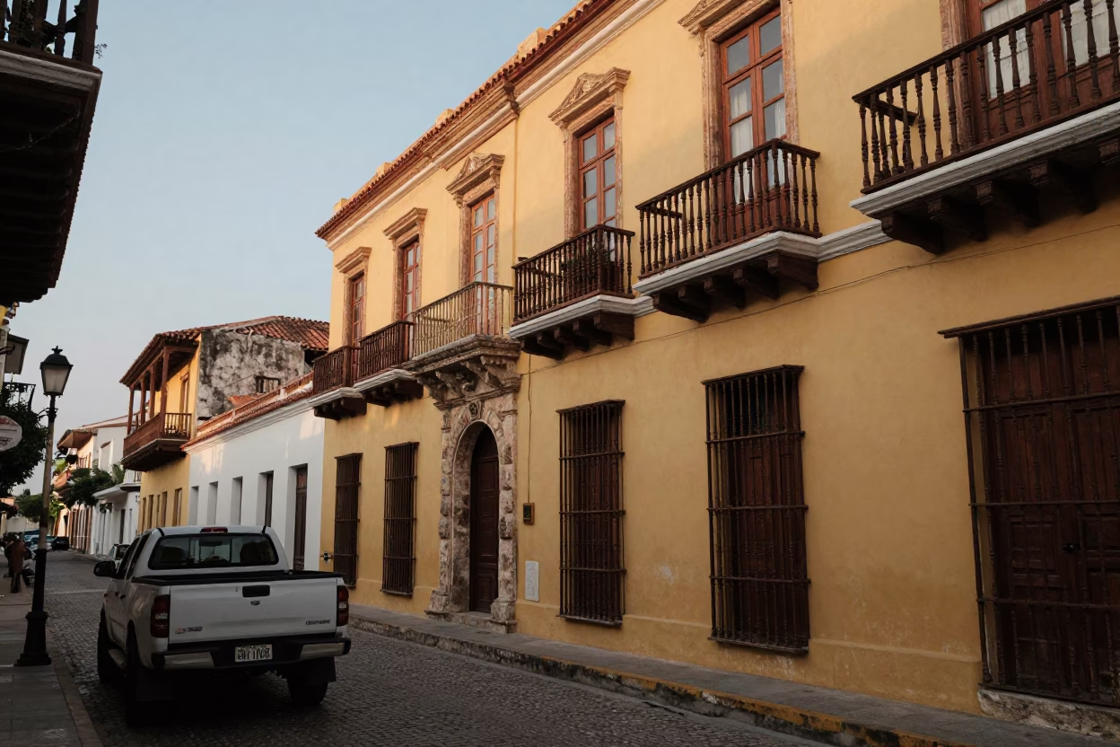 Colorful Colonial Balcony Scene in Cartagena Colombia Early Evening Street Life in in Cartagena, Colombia