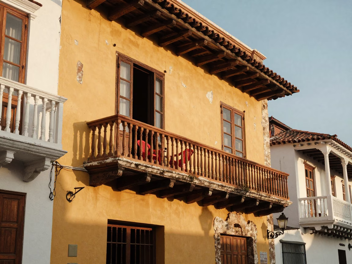 Colorful Colonial Balcony Scene in Cartagena Colombia Just After Sunrise with Local Daily Life in in Cartagena, Colombia